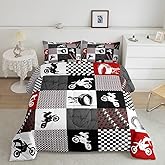 Feelyou Dirt Bike Comforter Set for Boys Kids Twin Size Extreme Sports Comforter Room Decorative Racing Motocross Rider Bedding Set Red Buffalo Check Duvet Set 2Pcs Quilt Set with 1 Pillow Case