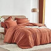 Yogeneg King Size Comforter Set 7 Piece Bed in a Bag,Grid Pinch Pleat Terracotta Bedding Set,Striped Textured Soft Microfiber Comforter with Sheet Set,All Season Complete Bed Set(Terracotta,King)