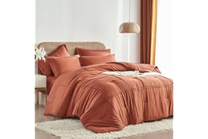 Yogeneg Full Size Comforter Set 7 Piece Bed in a Bag,Grid Pinch Pleat Terracotta Bedding Set,Striped Textured Soft Microfiber Comforter with Sheet Set,All Season Complete Bed Set(Terracotta,Full)