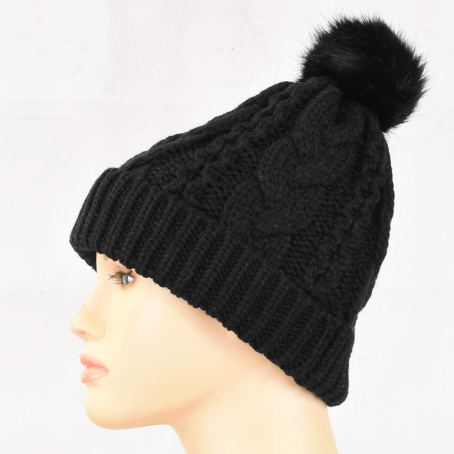 Winter Thick Cable Knit Faux Fuzzy Fur Pom Pom Fleece Lined Skull Ski Cap Cuff Beanie