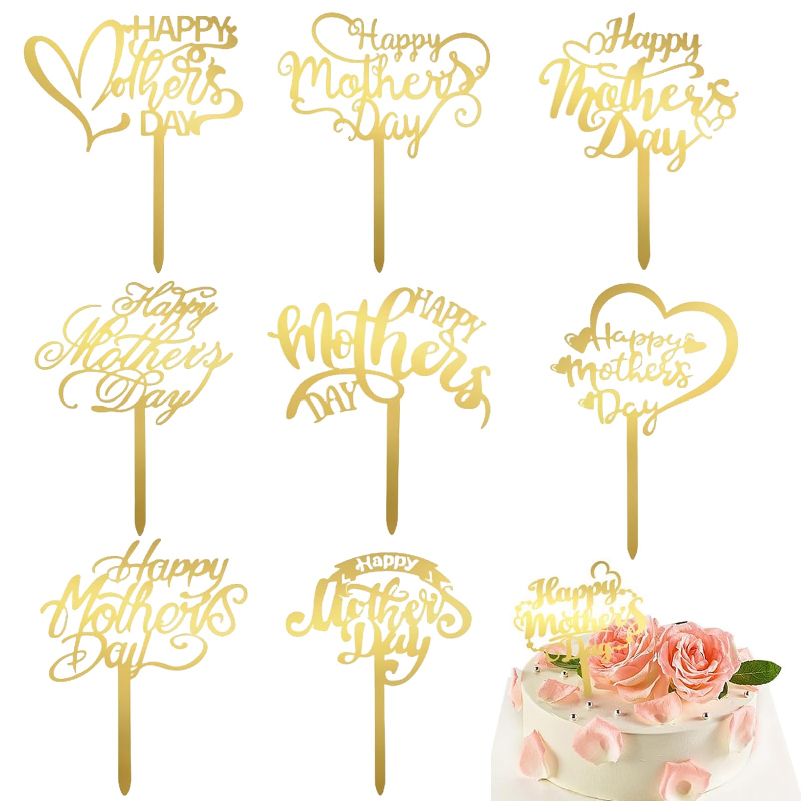 Mothers Day Cake Toppers, Mothers Day Decorations, 9 Pcs Acrylic Mothers Day Cupcake Toppers, Happy Mothers Day Cake Topper, Cupcake Picks for Mothers Day Party Supplies