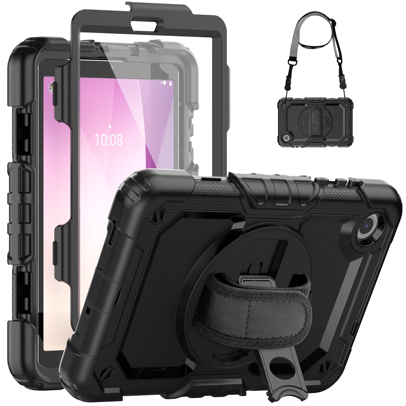 SEYMCY Case for Lenovo Tab M8 4th Gen 8 inch 2024/2023, Full-body Shockproof with Screen Protector, 360° Rotating Hand Strap & Stand, Carrying Strap for Lenovo M8 4th Tablet, Black
