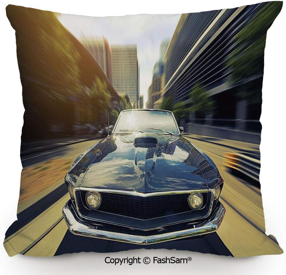 Polyester Throw Pillow Cushion Vintage Classic Car in Urban Street Old Fashion Auto in Town Nostalgia Picture for Sofa Bedroom Car Decorate(20" Wx20 L)