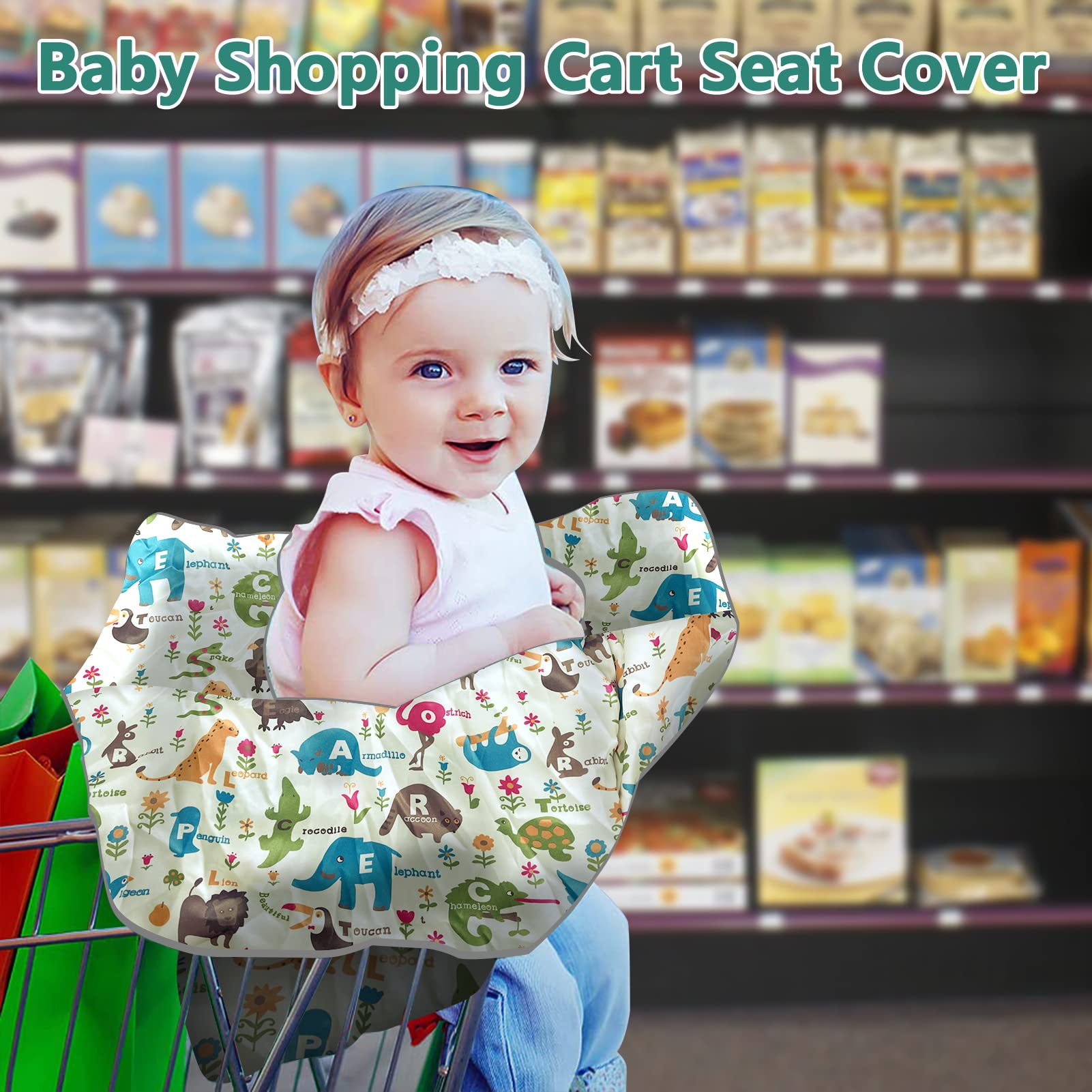 Shopping Cart Cover for Baby, High Chair Cover, Cart Cover for Babies, Kids& Toddlers, Portable 2-in-1 Design, Includes Free Carry Bag for Market and Resturant Use(Cute Zoo)
