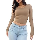 Womens Long Sleeve Crop Top Scoop Neck Sexy Slim Fitted Casual Base Layer Lightweight Soft Workout Shirt Going Out Tops