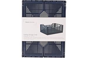 Truu Design Folding Plastic Crates, 40.6 x 30.5 x 17.8cm, Navy, 1Pack, Stackable Collapsible Storage Baskets Organizer for Ho