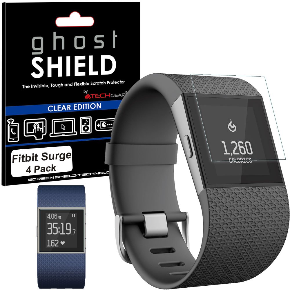 TECHGEAR [4 Pack] Screen Protectors to fit Fitbit Surge [ghostSHIELD Edition] Genuine Reinforced Flexible TPU Screen Protector Guard Covers with Full Screen Coverage inc Curved Screen