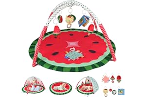 Heypappy Tummy Time Mat, 9-in-1 Watermelon Baby Play Gym Mat, Oversize Baby Play Activity Mats with Sunshade & 6 Detachable Sensory Toys, Washable Non-Slip Mat for Newborn Infant Essentials Gift