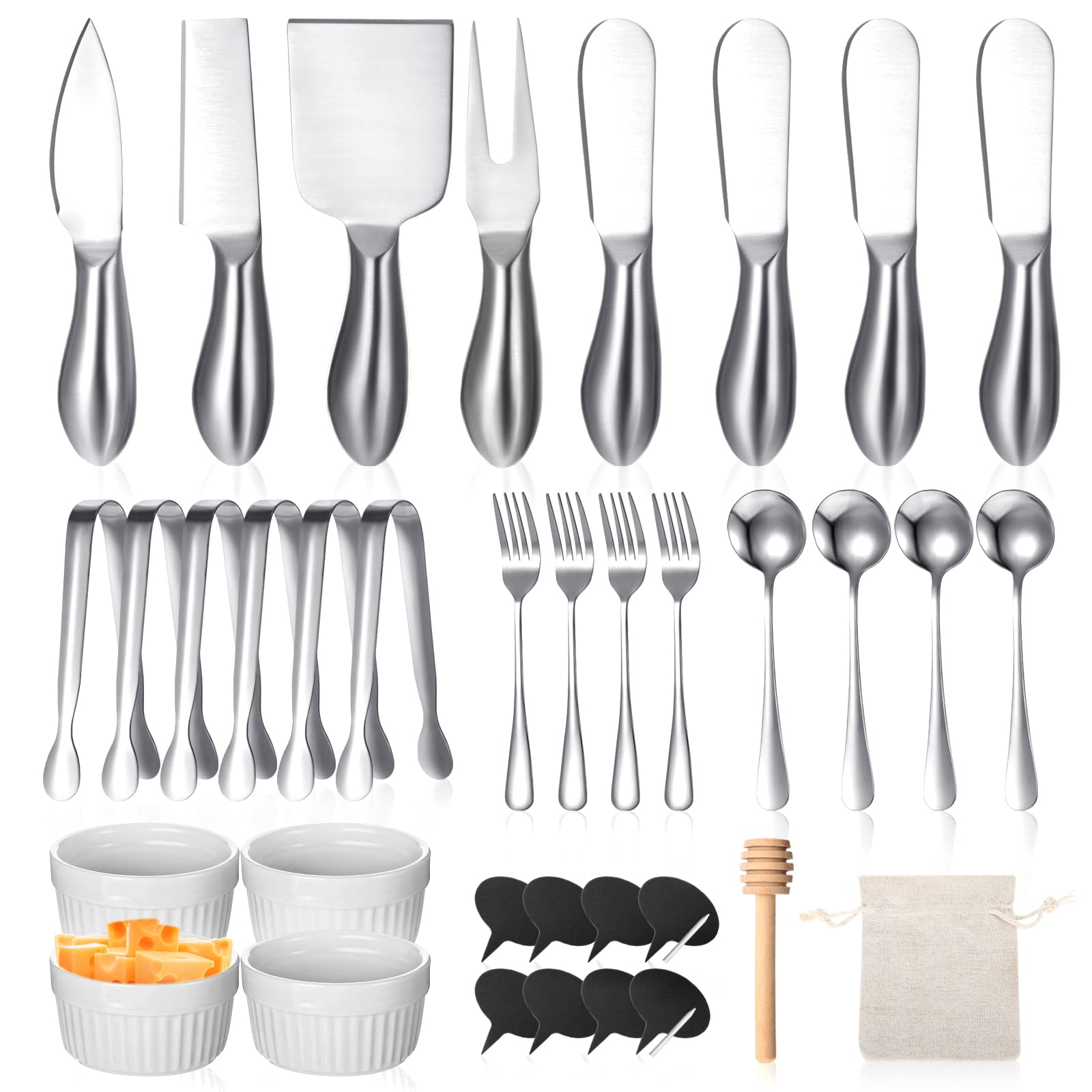 Photo 1 of 38 Pcs Summer Charcuterie Board Accessories Utensils Include Cheese Knife Set Bowls Cheese Markers Serving Tongs Spoons and Forks Honey Dipper for Butter Cheese and Pastry Making (Silver)