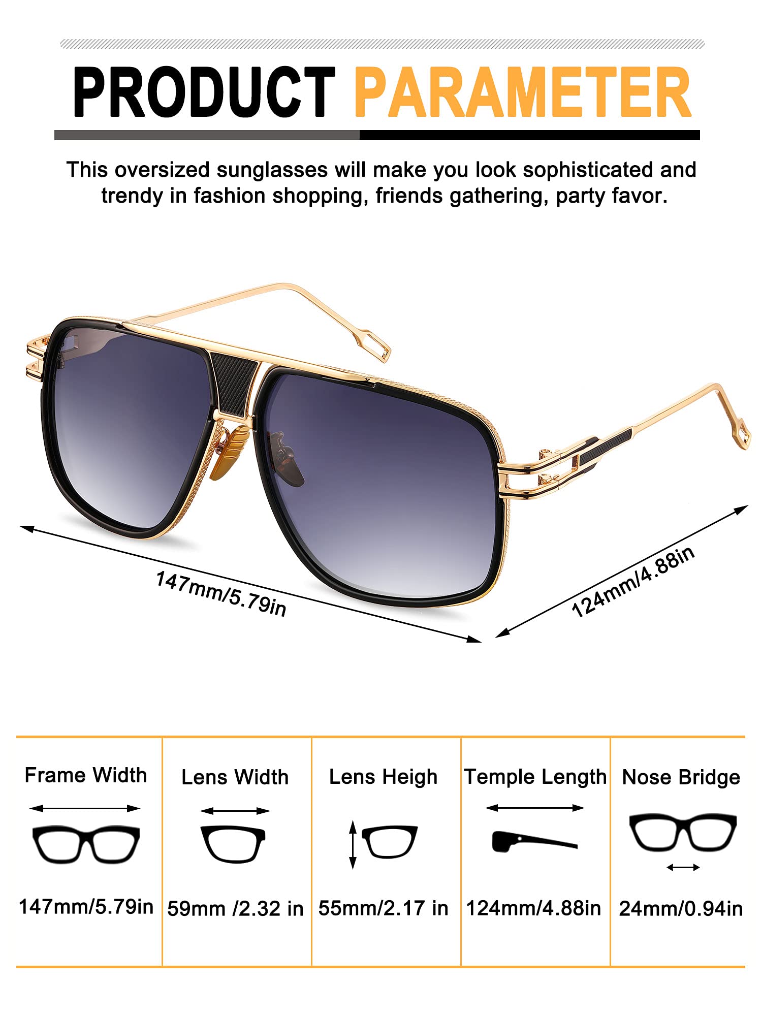Frienda 3 Pairs Retro Sunglasses for Men Oversized Men Shades Glasses Fashion Alloy Metal Gold Frame Polarized Sun Glasses