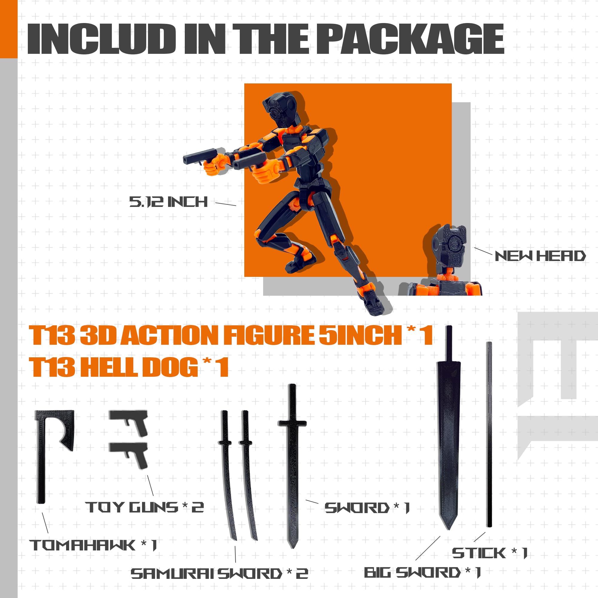 Uodofy (Assembly Completed) T13 3D Action Figure Set,Dummy Robo Titan 13 Action Figures,3D Printed Multi-Jointed Toy (Black + Orange)