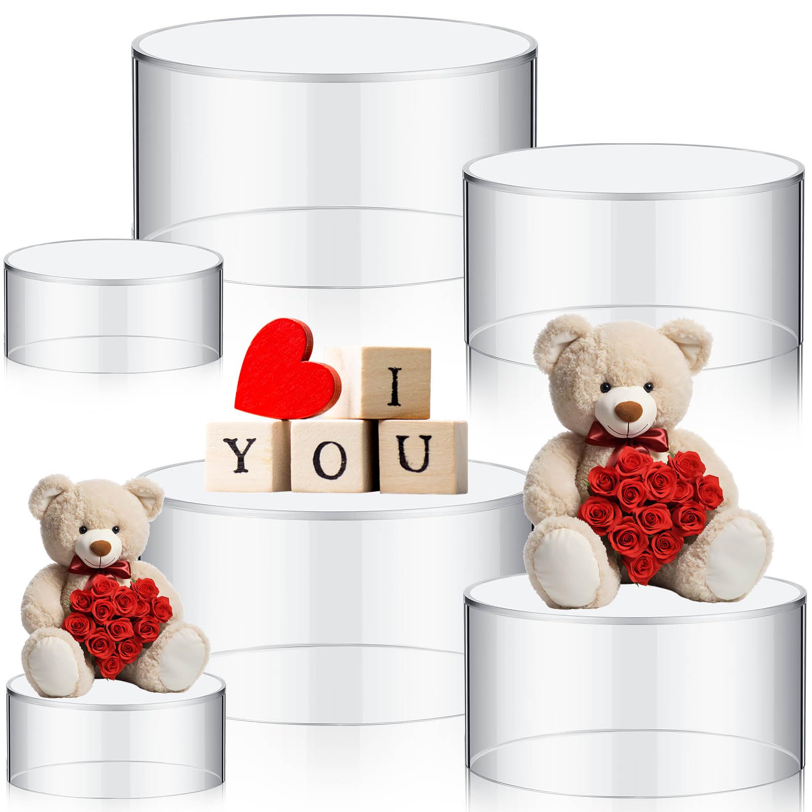 Photo 1 of Jerify 6 Pcs Acrylic Risers Display Stands, 5.91'' 5.12'' 3.54'', Clear Round Nesting Buffet Risers Pedestal Display Shelf with Hollow Bottom for Party Cake Tabletop Jewelry Food Display, 3 Sized