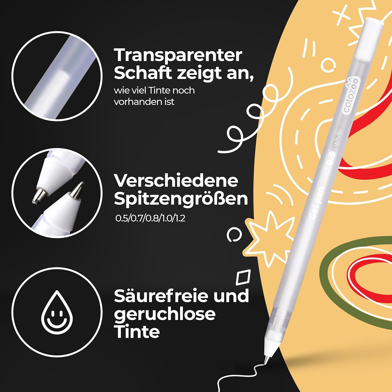 colozoo 5er Set Gelstifte Weiß mit Spitzengrößen: 0,5, 0,7, 0,8, 1,0, 1,2 mm | Weißer Stift für schwarzes Papier | Weißer Gelstift Deckend 2