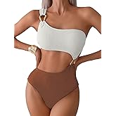 Fanuerg Women's One Piece Swimsuits Ribbed One Shoulder Bathing Suit Sexy Cutout Color Block Swimwear