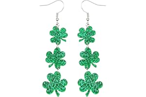 EFANFLO St Patricks Day Green Shamrock Clover Earrings for Women, Irish St. Patrick's Day Accessories Good Luck Hoop Dangle Glitter Earrings (Type 2)