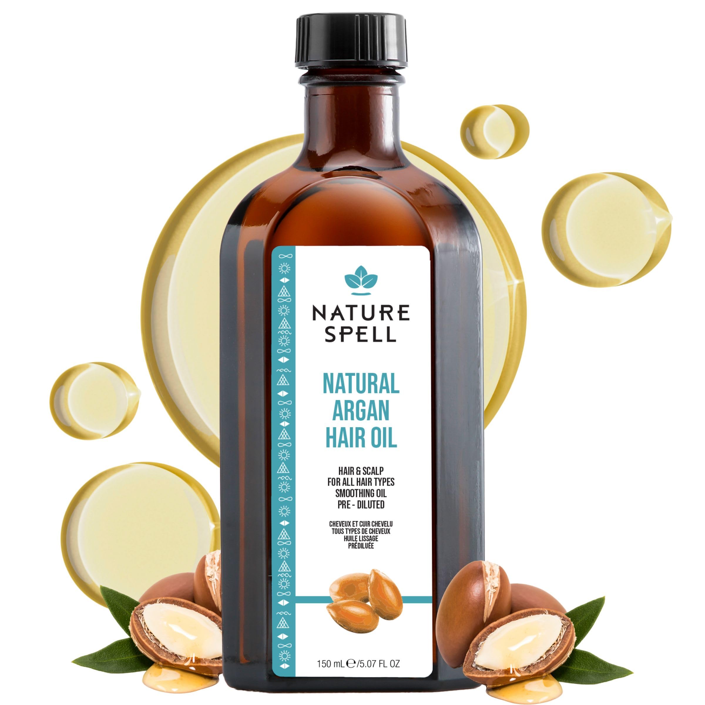 Nature Spell Argan Oil for Hair & Scalp, Pre-Diluted Oil to Replenish and Protect Strands from Heat Damage, For All Hair Types, 150ml