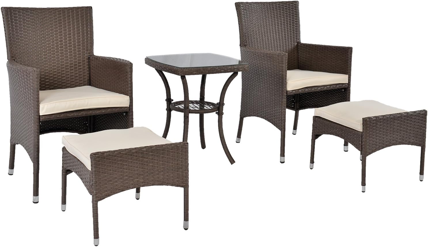 LCH Outdoor Rattan Sofa Set, Patio Furniture Conversation Sets, PE Wicker Chairs with Cushion Glass Side Table (Brown)