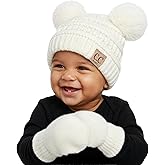 Funky Junque Baby Double Faux Fur Pom Pom Beanie & Mittens Set – Newborn Infant 0–9 Months Winter Hat with Soft Lined Mittens