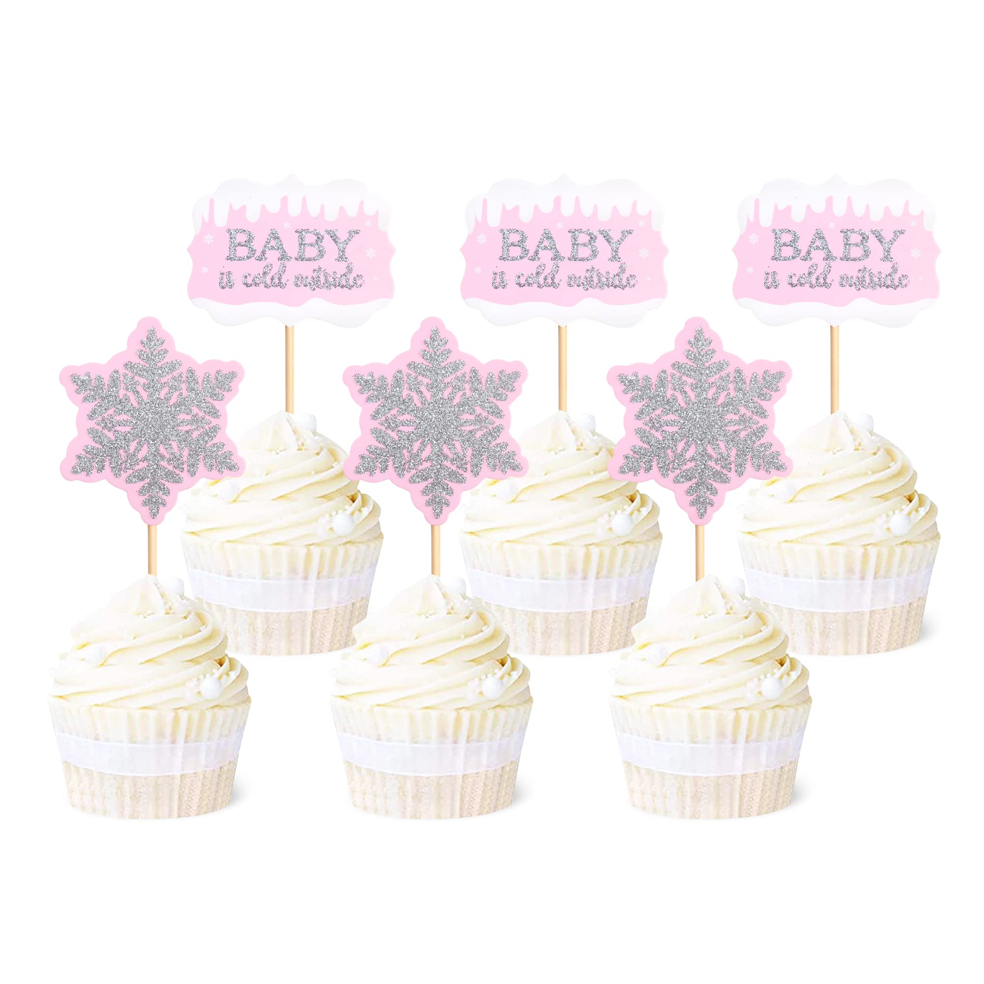 Blumomon 24Pcs Snowflake Baby it's Cold Outside Cupcake Toppers Glitter Pink Silver Baby it's Cold Outside Cupcake Picks for Winter Baby Girl Wonderland Xmas Party Cake Decor Supplies