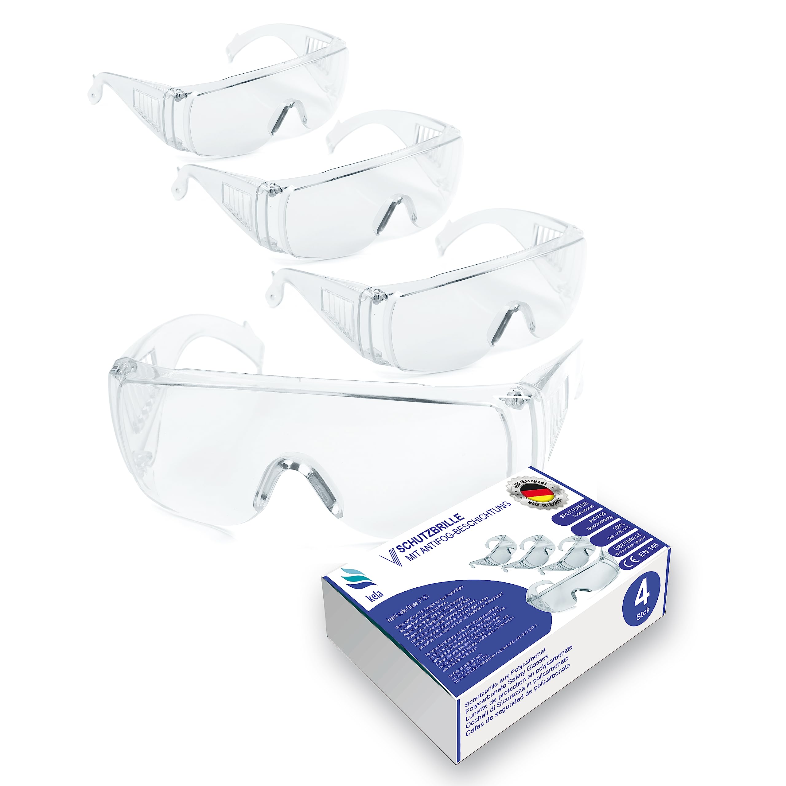 kela 4x Safety Glasses P1S1 |100% Made in Germany | Shatter-Free work safety googles eyewear with anti-fog and UV coating | Transparent eye protection, Over-glasses, airsoft sports