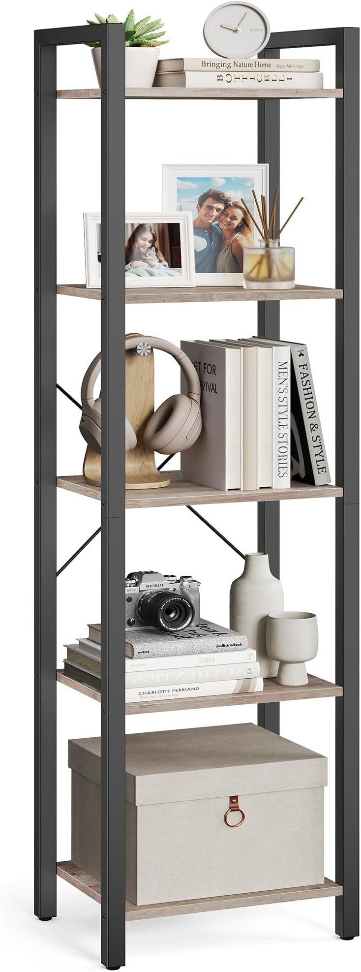 VASAGLE 5-Tier Bookshelf 30x39.6x154 cm Industrial Heather Greige Ink Black