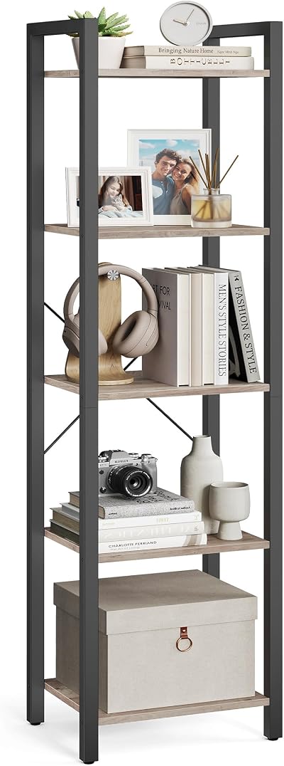VASAGLE 5-Tier Bookshelf 30x39.6x154 cm Industrial Heather Greige Ink Black