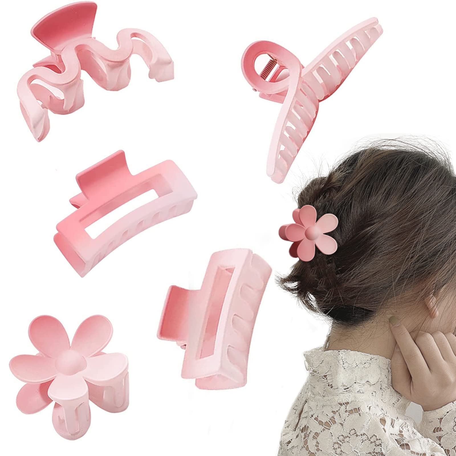 AOT 5pcs Hair Claw Clips for Women - Flower and Butterfly Clips for Fine Hair - Pink Non-Slip Accessories for Bathing