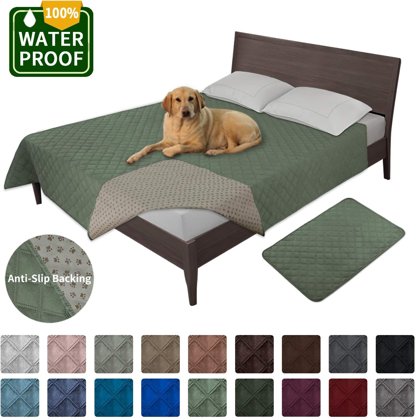 Easy-Going 100% Waterproof Dog Bed Cover Furniture Protector Sofa Cover Non-Slip Washable Reusable Incontinence Bed Underpads for Pets Kids Children Dog Cat(86x82 in,Greyish Green): Home & Kitchen