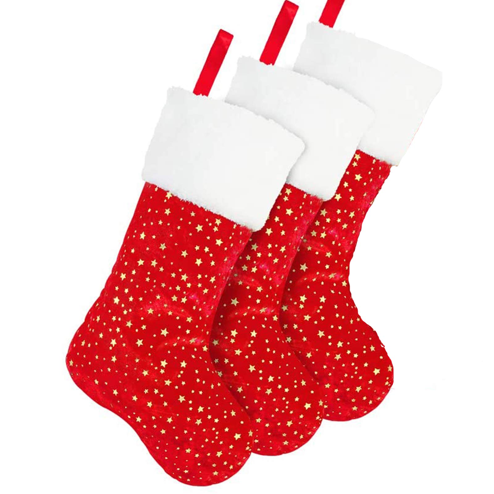 ZimiZu Tenrany Home 3 Pack Red Christmas Stockings Set, 18 inches Golden Star Xmas Stocking with White Plush Trim for Farmhouse Rustic Xmas Fireplace Hanging Decoration(Red)