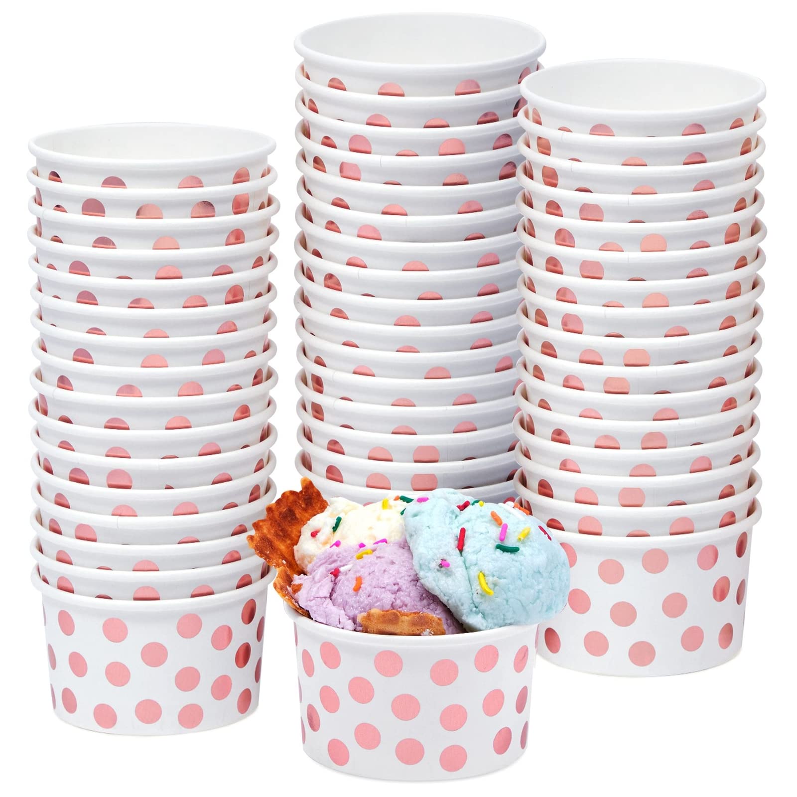 Juvale Paper Ice Cream Cups, 50-Pack of Disposable Dessert Bowls with Rose Gold Polka Dots, 240 ml Each