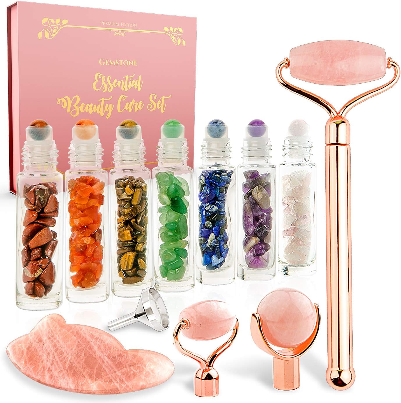 3 Head Rose Quartz Roller for Face + 7 Bottles for Essential Oils with Natural Gemstones Corresponding to Chakras + Gua Sha Tool + Accessories - Best for Skincare Gift Set