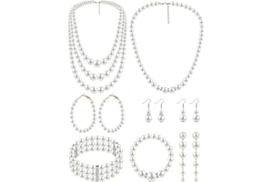 BBTO 8 Pcs Pearl Necklace and Earring Set for Women Faux Pearl Bracelet Costume Jewelry Set for Christmas Wedding Bride Party