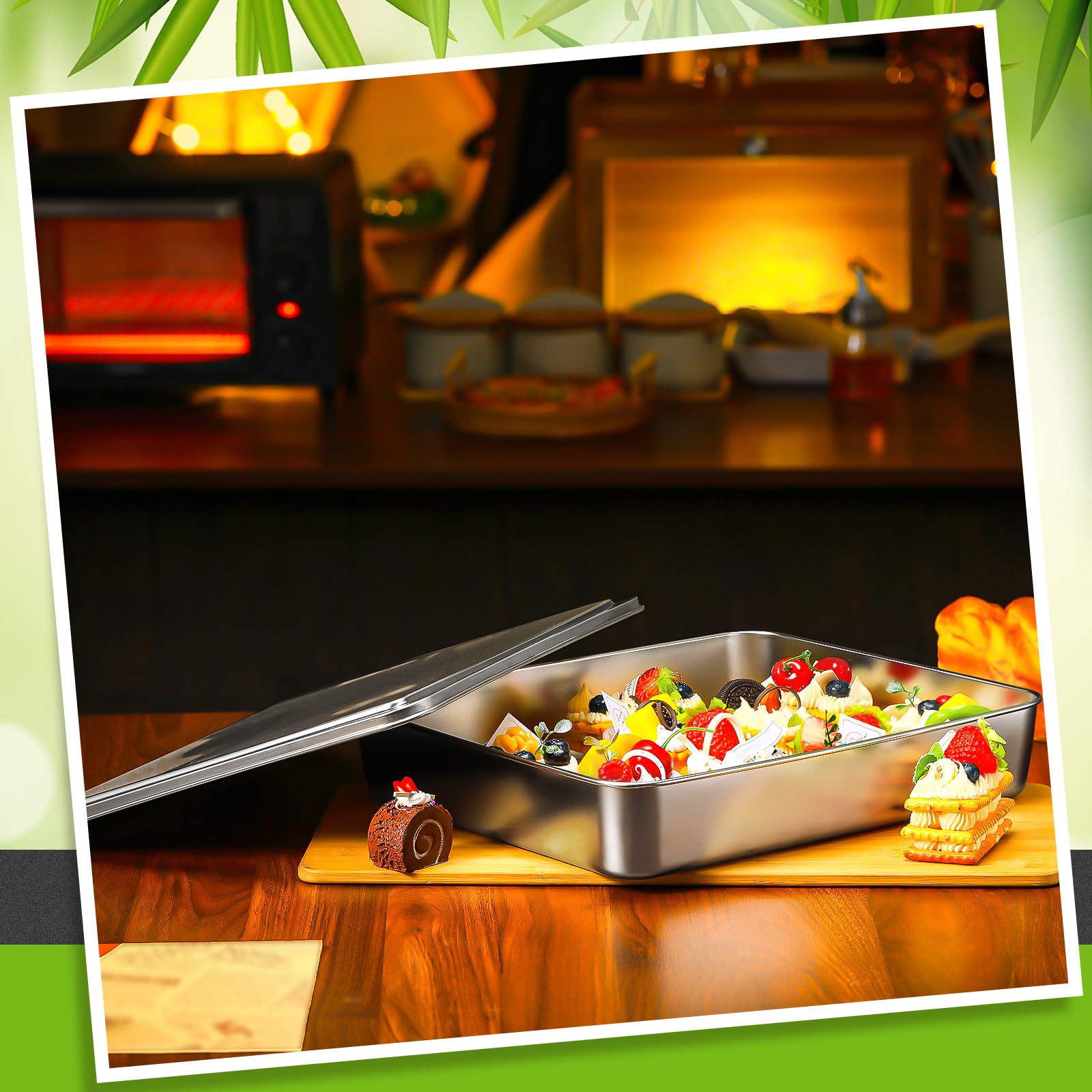 Tioncy 3 Set Stainless Steel Cake Pan with Lid 13/11/9 Inch Rectangle Sheet Baking Pan with Covers Bakeware with Lids for Cakes Breads Casseroles Fish Vegetables and More