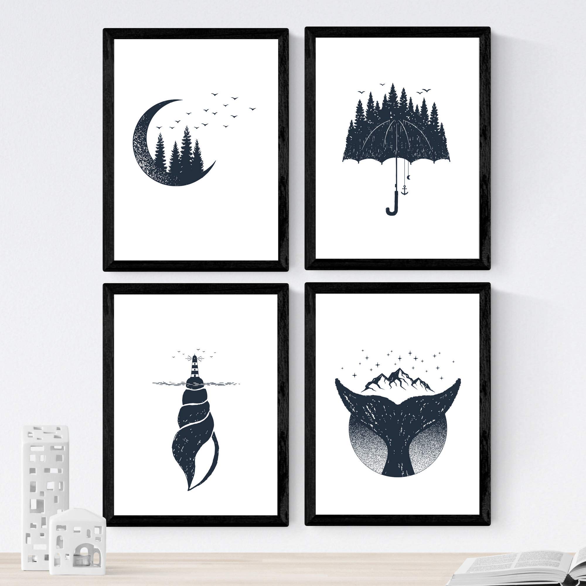 Nacnic Set of 4 prints of Forest and Sea. Beautiful nature designs in nordic style. Wall decoration for your home, office or shop. A3, frameless.