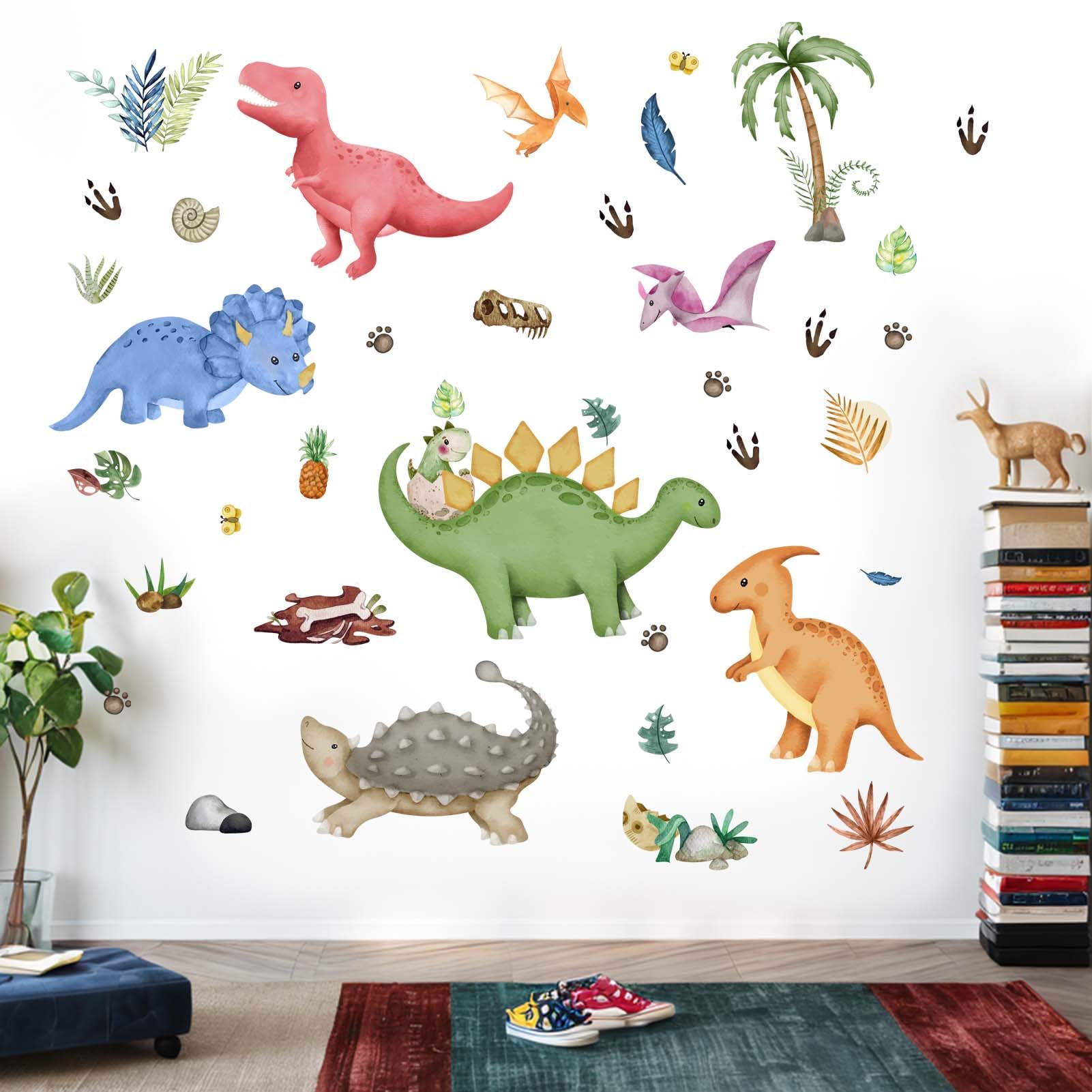 PinkEleph Watercolor Dinosaur Wall Decals - Tropic Palm Tree Dino Wall Stickers - Boys Kids Bedroom Baby Nursery Daycare Playroom Wall Decor