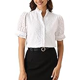 Allegra K Summer Tops for Women's Dressy Short Sleeve V Neck Buttons Hollow Out Embroidered Blouses Shirts