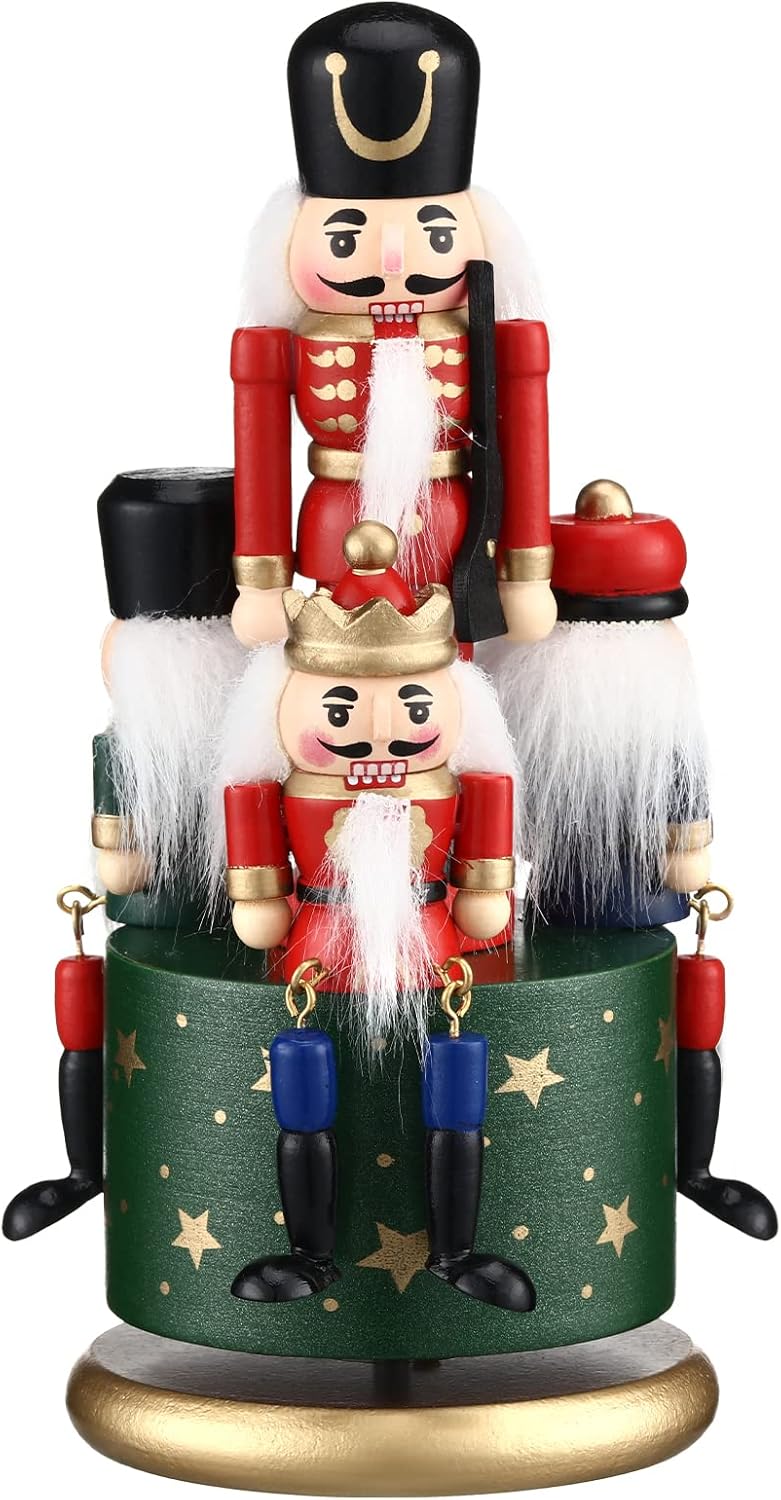 Nutcrackers - Nutcracker Music Box Wooden Nutcracker Soldier Toy Handmade Nutcracker Figures Christmas Nutcrackers 4 Soldiers Wind up Musical Box Clockwork Christmas Music Box for Gift Home Decor Ornaments (Green)