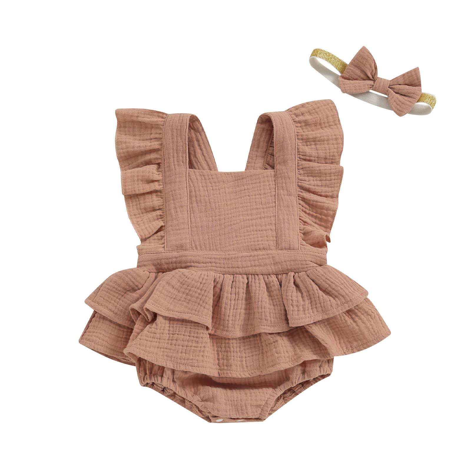 Photo 1 of MERSARIPHY Newborn Baby Girl Summer Outfit Linen Ruffle Bubble Romper Dress One Piece Bodysuit Jumpsuit Infant Summer Clothes (Khaki, 12-18 Months)