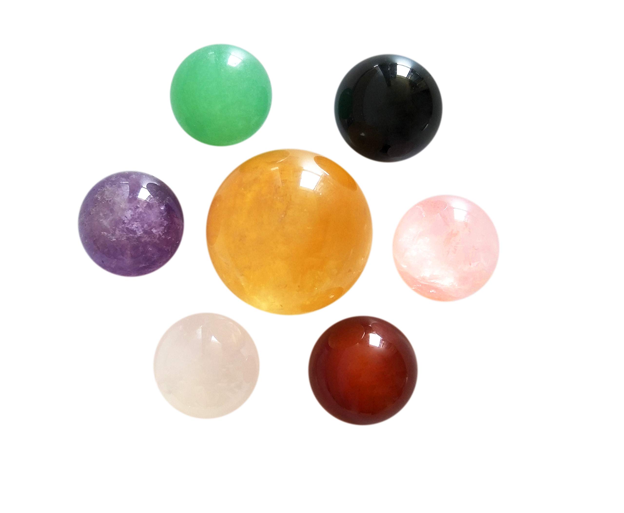 Set of 7 Natural Crystal Balls Made of Yellow Calcite, Black Obsidian, Rose Quartz, Clear Quartz, Green Aventurine, Amethyst & Red Agate Spheres, for Chakra Stones and Fengshui