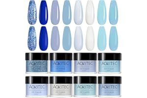 Aokitec 8 Colors Dip Powder Nail Set,Navy Sky Baby Blue Collection Glitter Pastel Dipping Powder Starter Kit French Nail Art Manicure DIY Salon Home Gifts for Women, No Need Nail Lamp Cured
