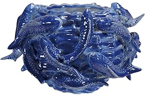 Creative Co-Op Round Handmade Stoneware Planter with 3D Fish in Reactive Glaze, Blue