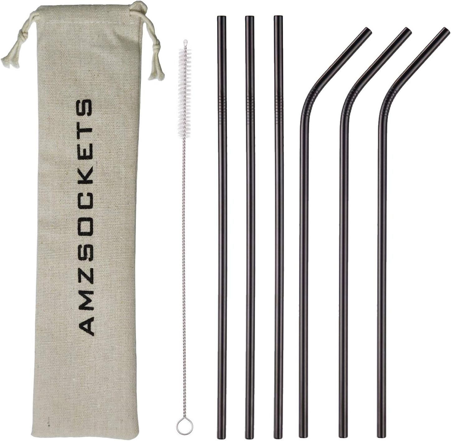 Senfhome Metal Stainless Steel Straws 10.5" Drinking Straws Reusable Set of 6 Black Drinking Straws for 20/30 Oz for Yeti RTIC SIC Ozark Trail Tumblers (3 Straight+3 Bent +1 Brush+1 bag) (black)