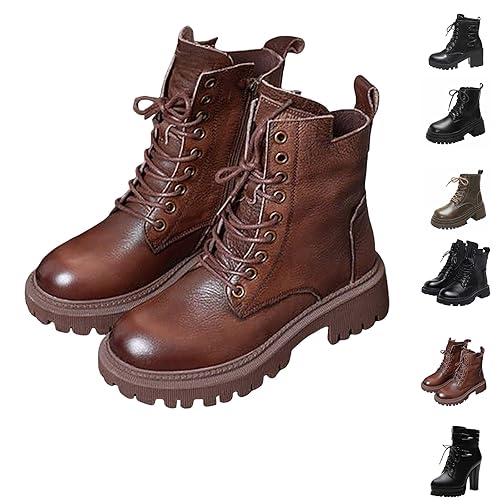 Biker Boots for Women Boots for Women UK, Waterproof Ankle Work Non-Slip Shoes, Leather Platform Booties with Side Zipper & Lace Up, Lightweight Walking Womens