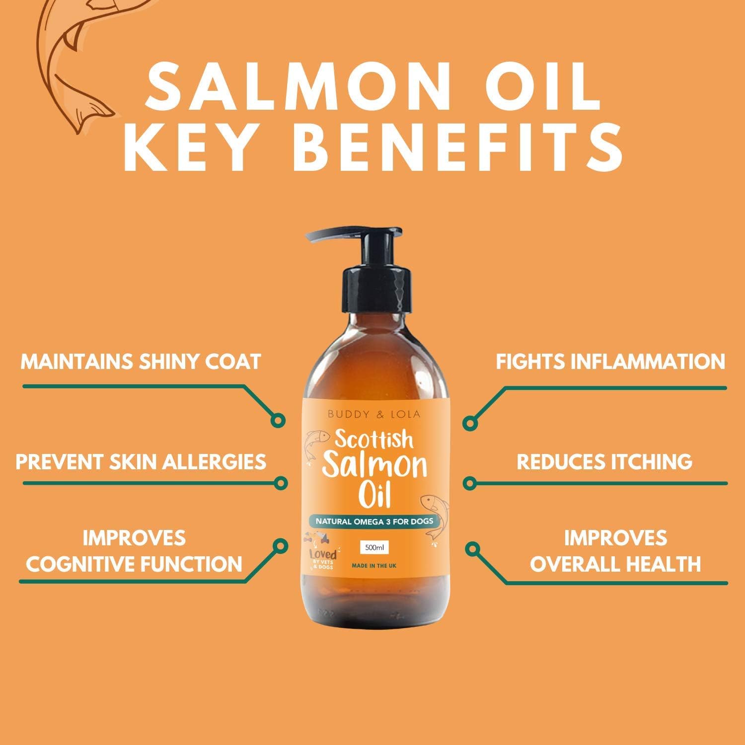 Buddy & Lola 100% Pure Food Grade Scottish Salmon Oil For Dogs Cats & Pets (500ml) - Natural Omega 3, 6 & 9 For a Shiny Coat, Better Skin & Joints, Less Itching and Improved Cognitive Health - Image 3