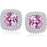 RANDES Dainty Birthstone Earrings for Women Sterling Silver Small Stud Earrings with Halo Cushion/Round Created Gemstone Earrings Birthstone Jewelry