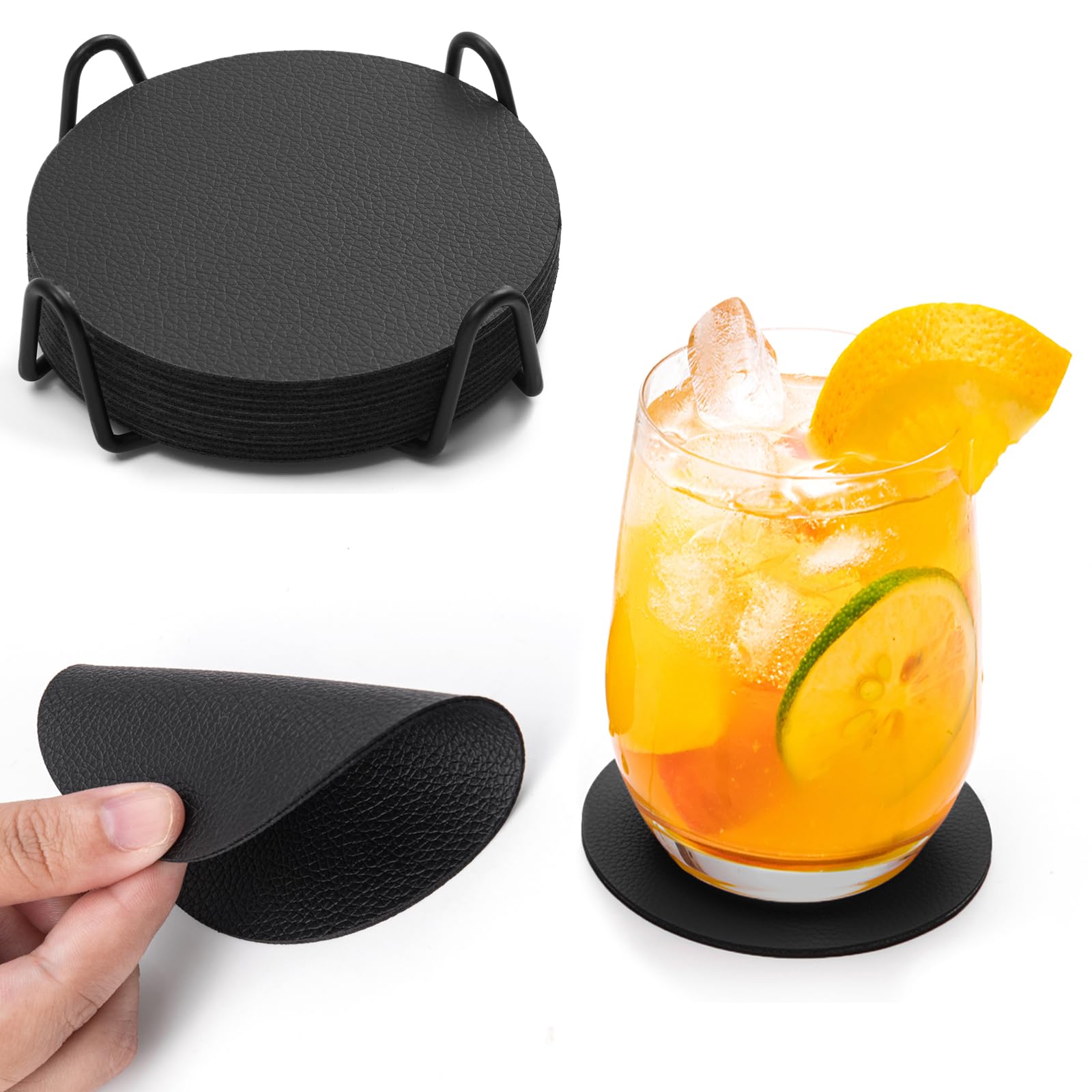 Chitomars Coasters,Leather Coasters Set of 12 for Drinks Outdoor Coasters with Holder Mug Coaster Non Slip Anti-Heat Cup Mats for Coffee Beer Mug Wine Glass Bottle Home and Bar (Round, Black Black)