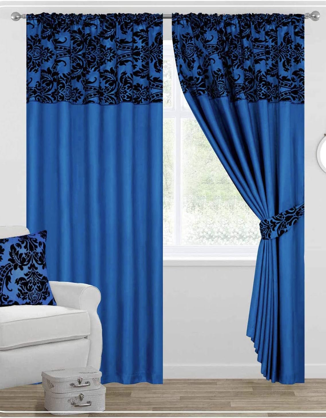 Skippys Damask Curtains Royal Blue Black 90x90 Pair of Pencil Pleat