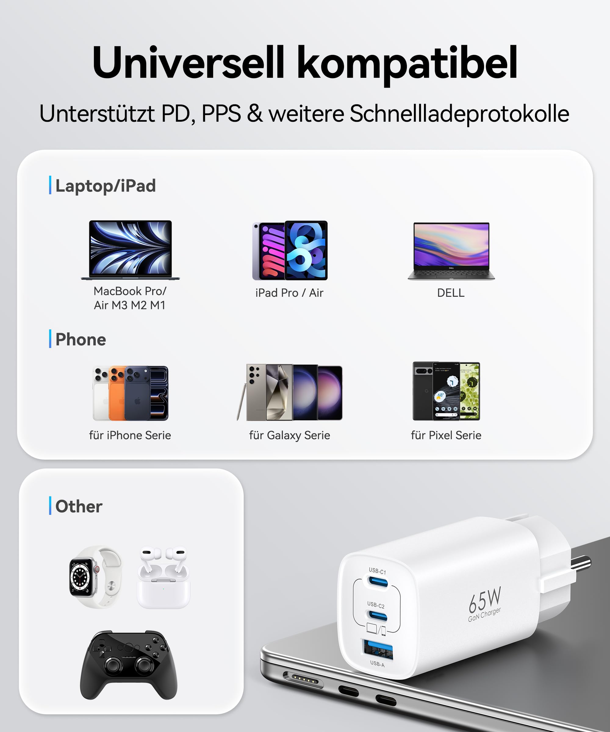 TOPADRE 65W USB C Ladegerät 3-Port Schuko Stecker CEE 7/7 für MacBook 7