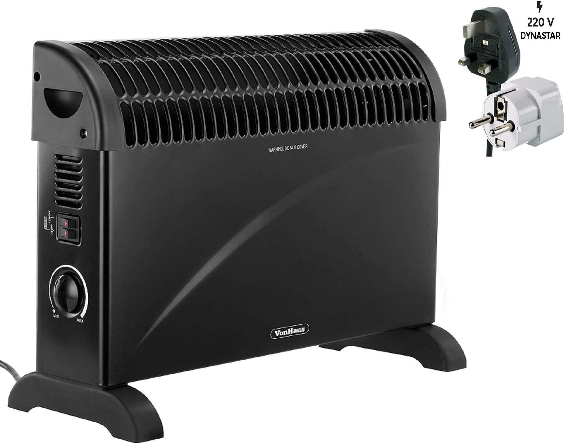 VonHaus 220 240 Volt Convection Space Heater | 2000W | Electric | 3 Heat Settings, Manual Thermostat, Overheat & Tip-Over Switch Protection | Home/Office Use | Bundle With Dynastar Plug Adapter