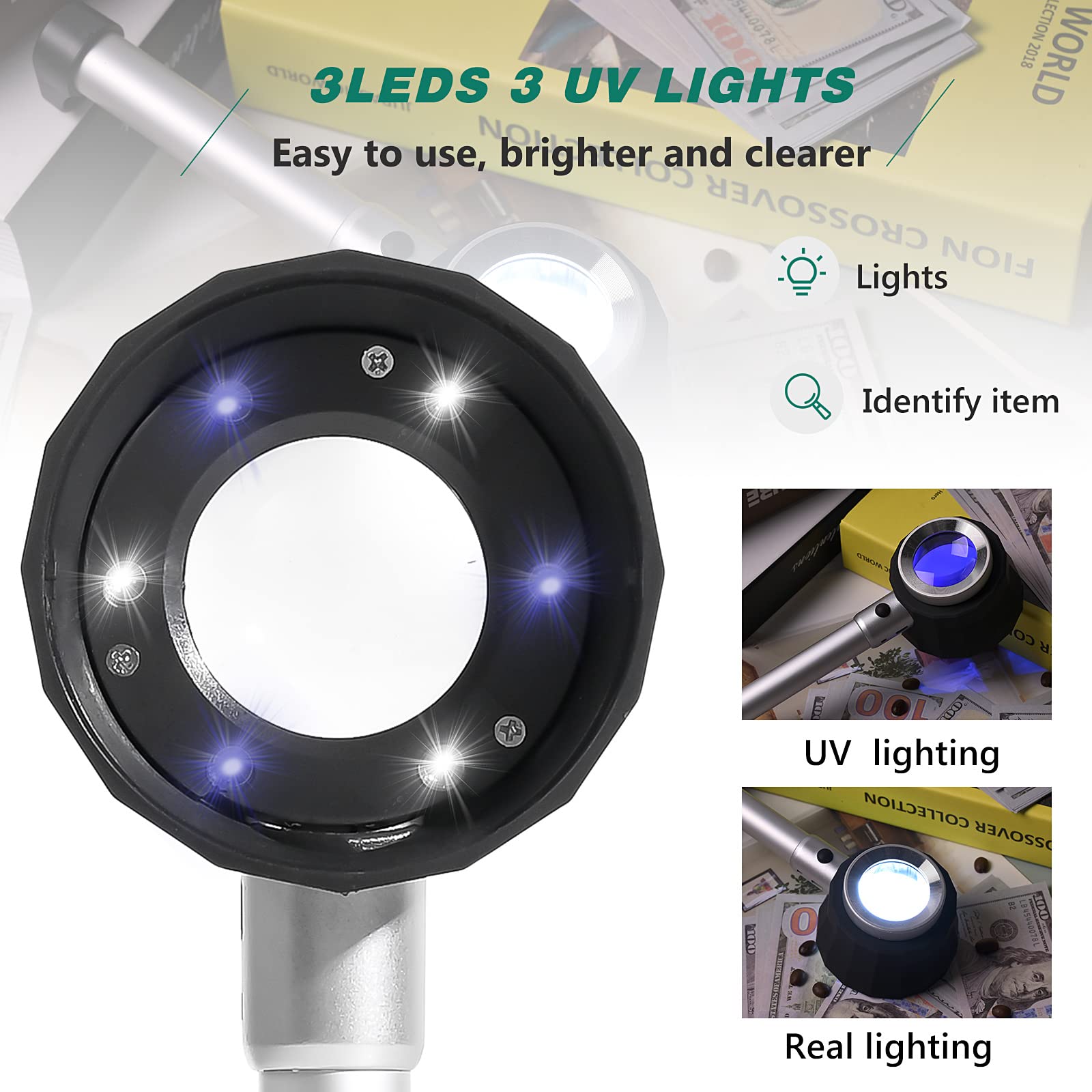 Amoper 30X Handheld Magnifier with 6 Light, Jeweler Loupes Lighted Magnifying Glass-USB Rechargeable for Seniors Reading Coins Crafts Jewelry Hobbies